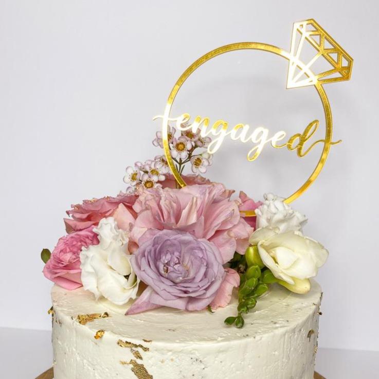 Engagement Ring Cake Topper, customisable design in Mirror Gold Acrylic