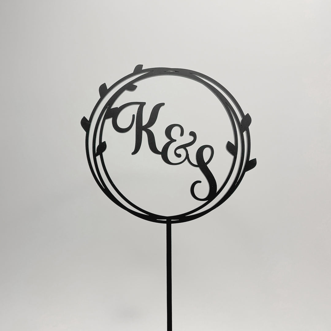 Wedding Cake Topper in Circle Leaf Design with Initials