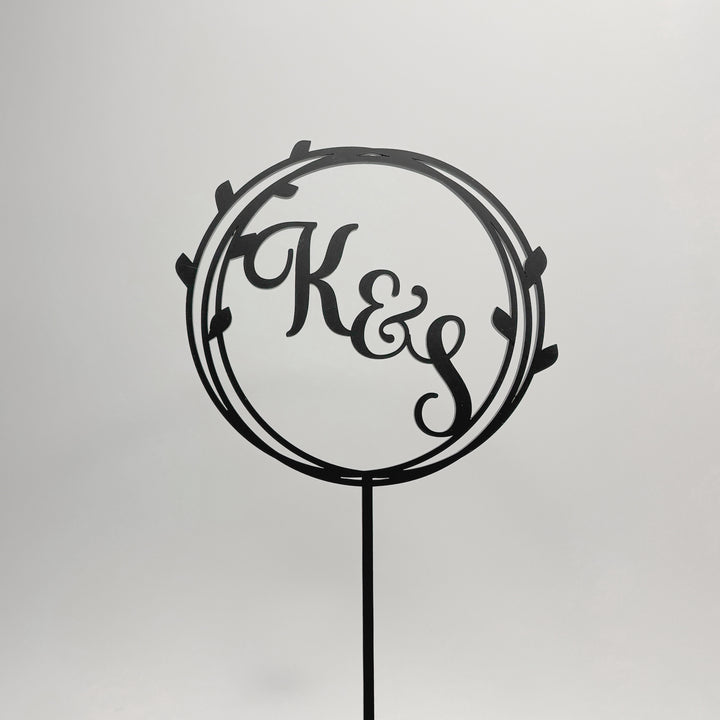Wedding Cake Topper in Circle Leaf Design with Initials