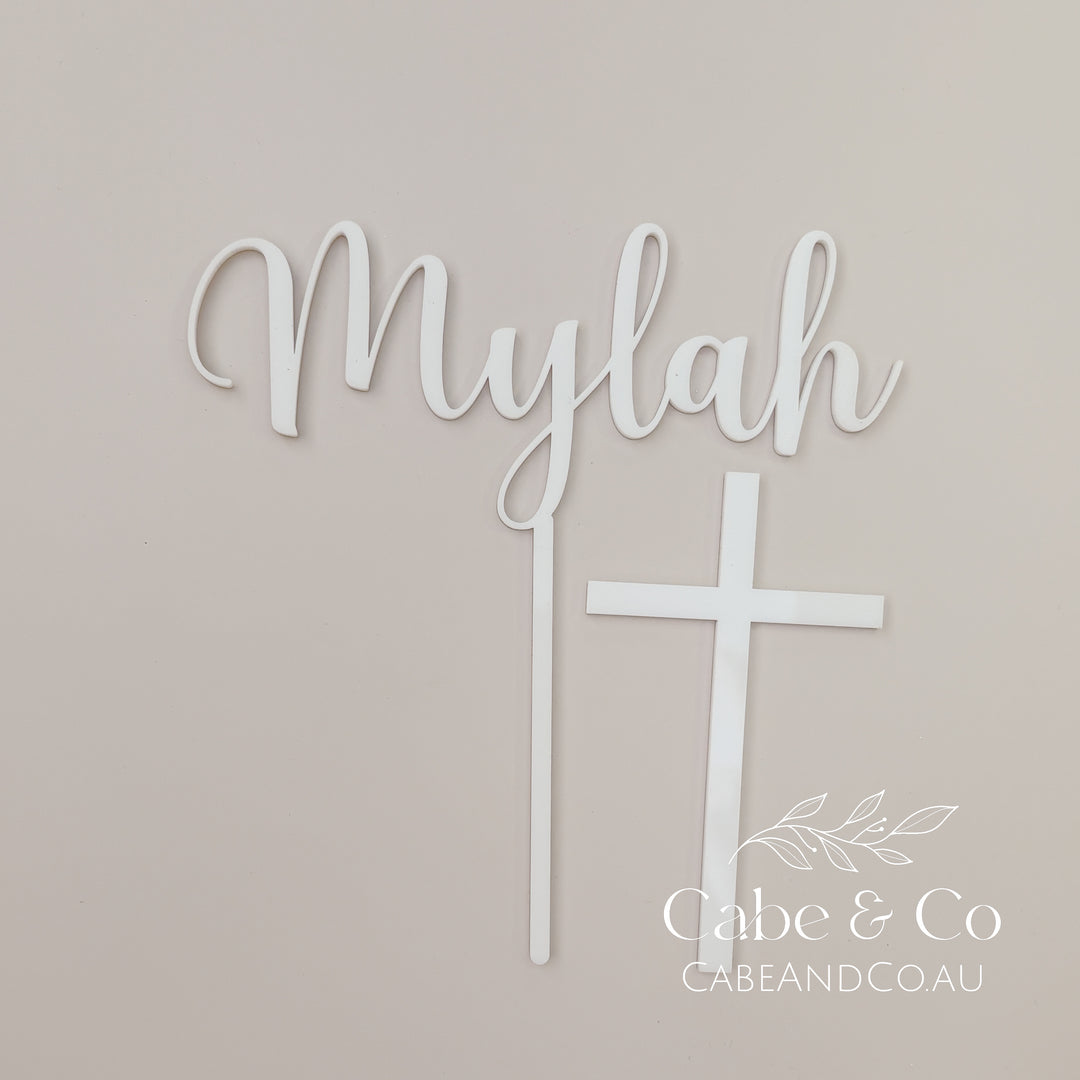Christening Cake Topper - Name with separate Cross Cake Charm