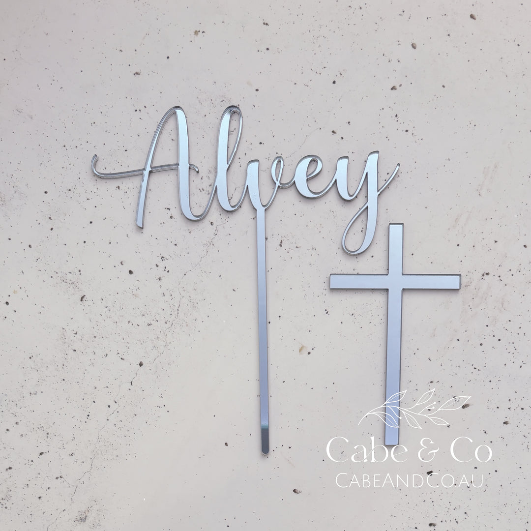 Christening Cake Topper - Name with separate Cross Cake Charm