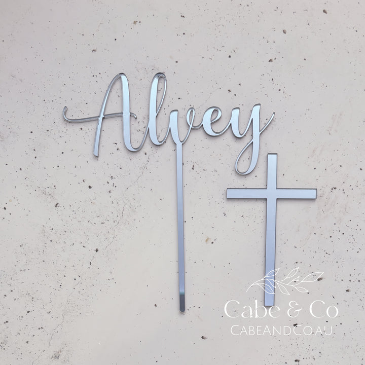 Christening Cake Topper - Name with separate Cross Cake Charm