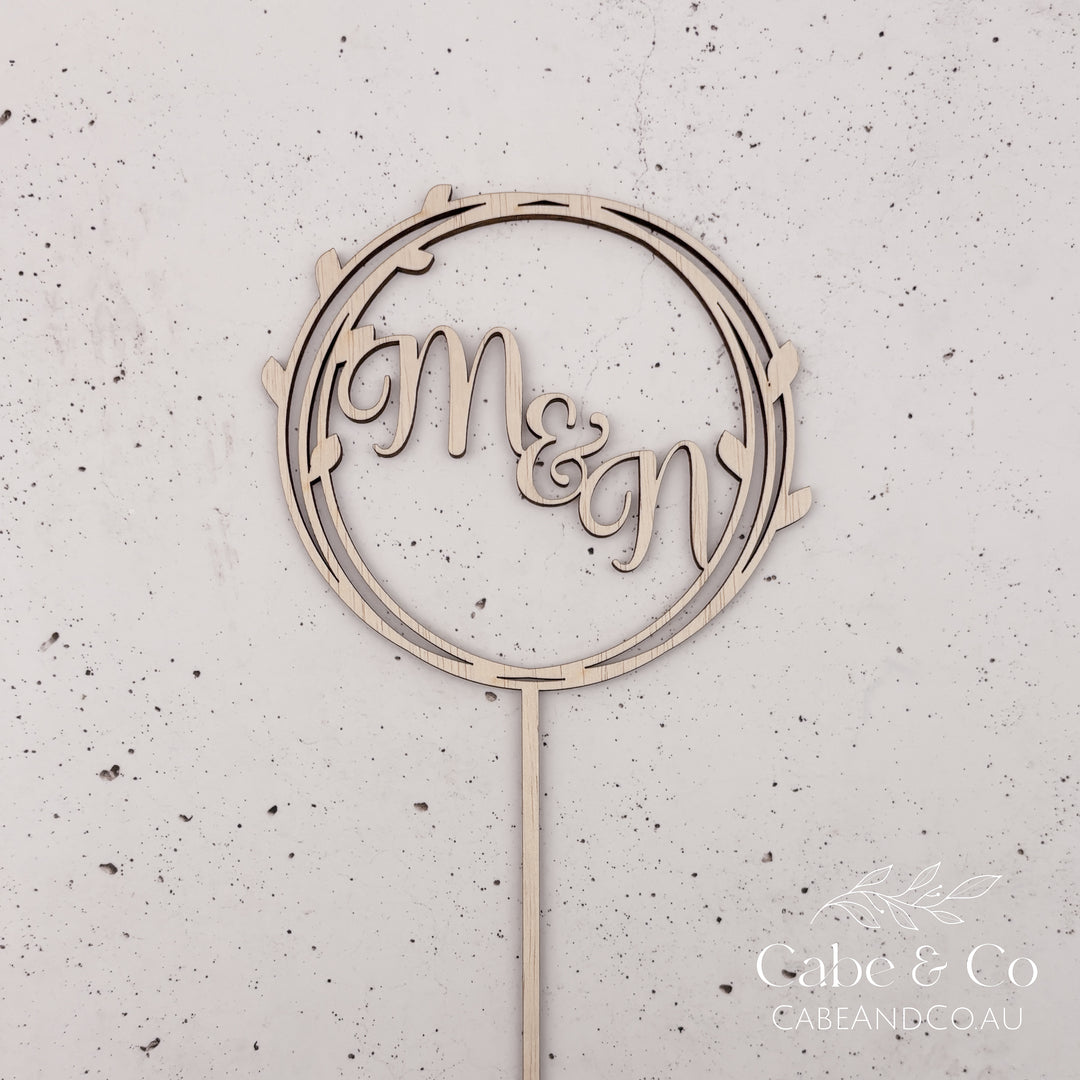 Wedding Cake Topper in Circle Leaf Design with Initials