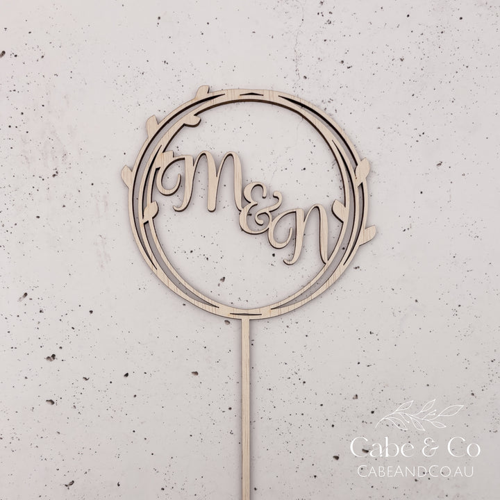 Wedding Cake Topper in Circle Leaf Design with Initials