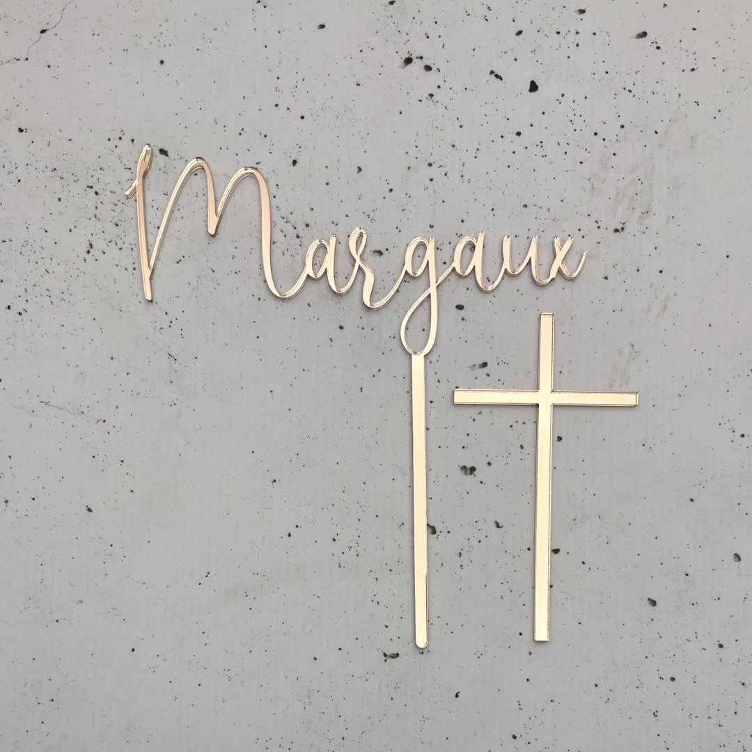 Christening Cake Topper - Name Cake topper with separate Cross Cake Charm