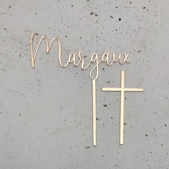 Christening Cake Topper - Name Cake topper with separate Cross Cake Charm