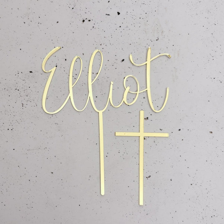 Christening Cake Topper - Name Cake topper with separate Cross Cake Charm