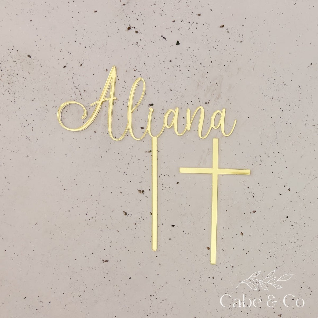 Christening Cake Topper - Name Cake topper with separate Cross Cake Charm