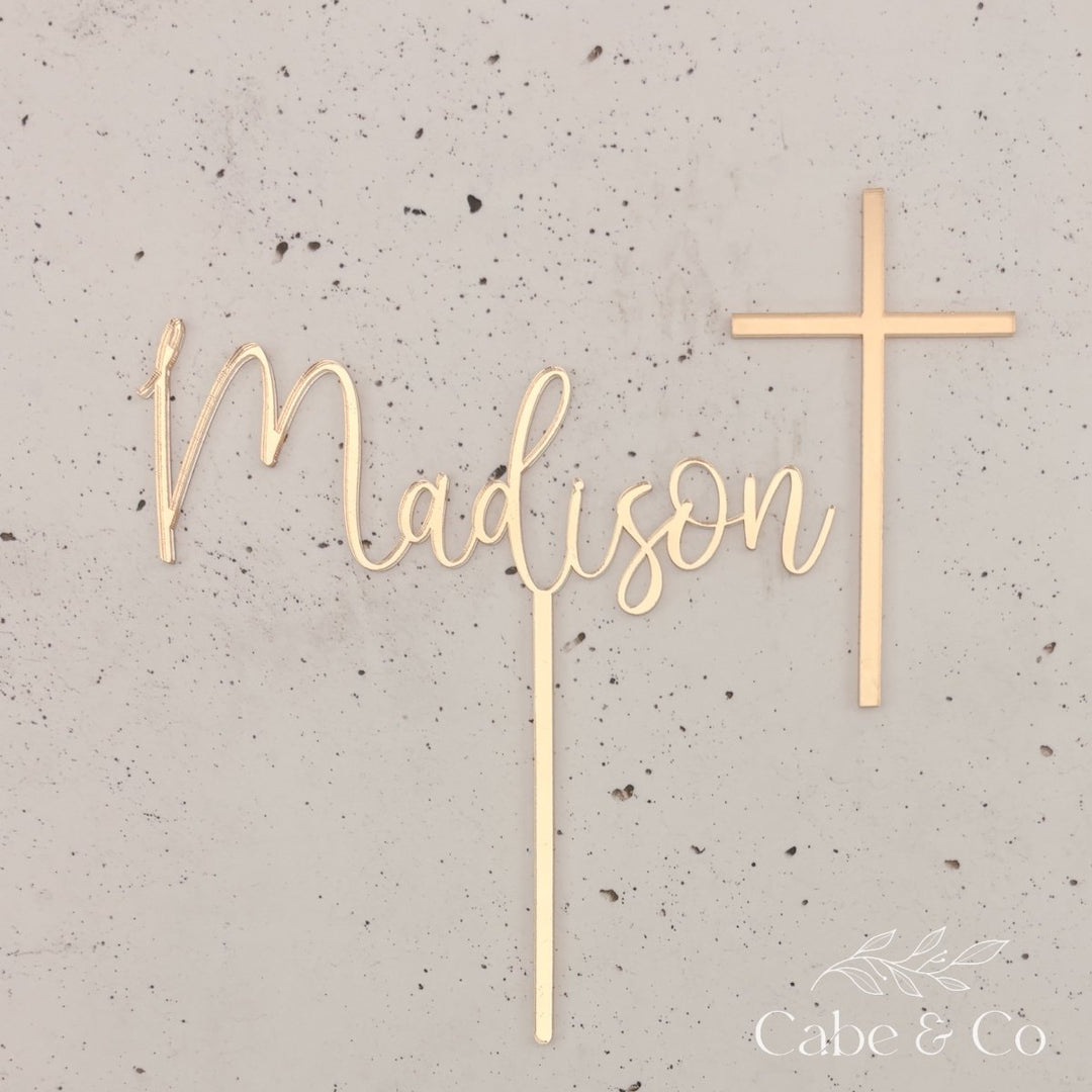 Christening Cake Topper - Name Cake topper with separate Cross Cake Charm