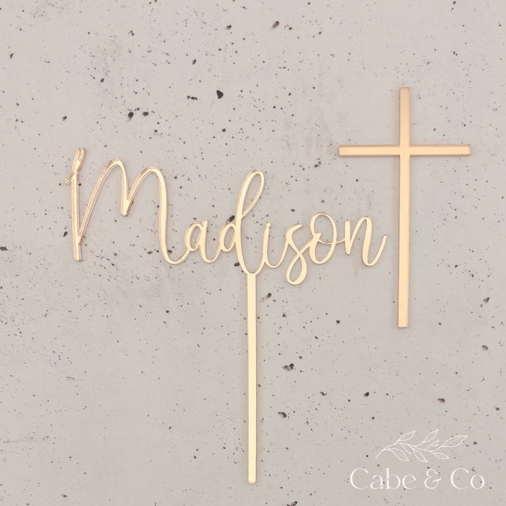Christening Cake Topper - Name Cake topper with separate Cross Cake Charm