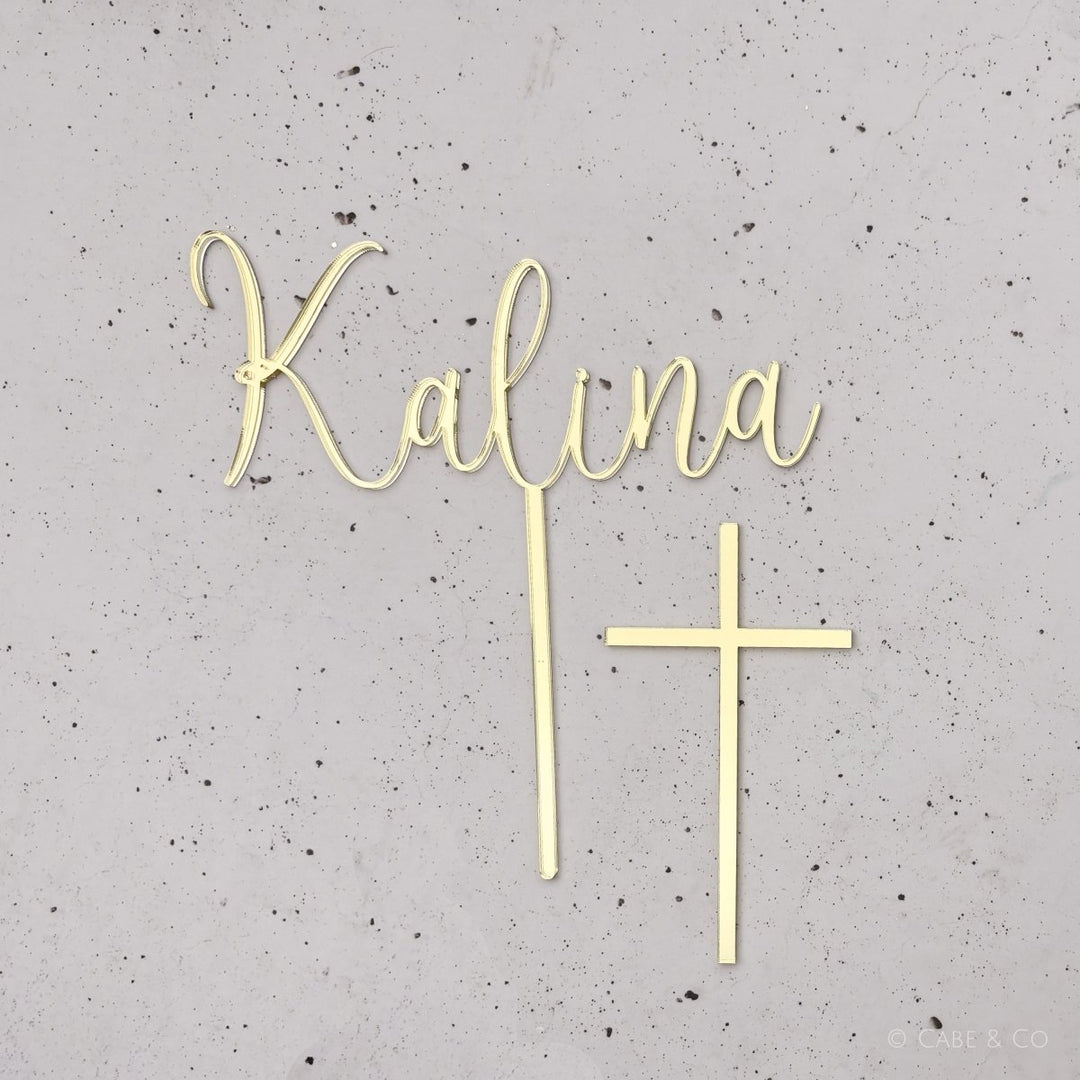 Christening Cake Topper - Name Cake topper with separate Cross Cake Charm