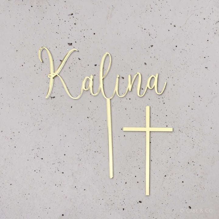 Christening Cake Topper - Name Cake topper with separate Cross Cake Charm