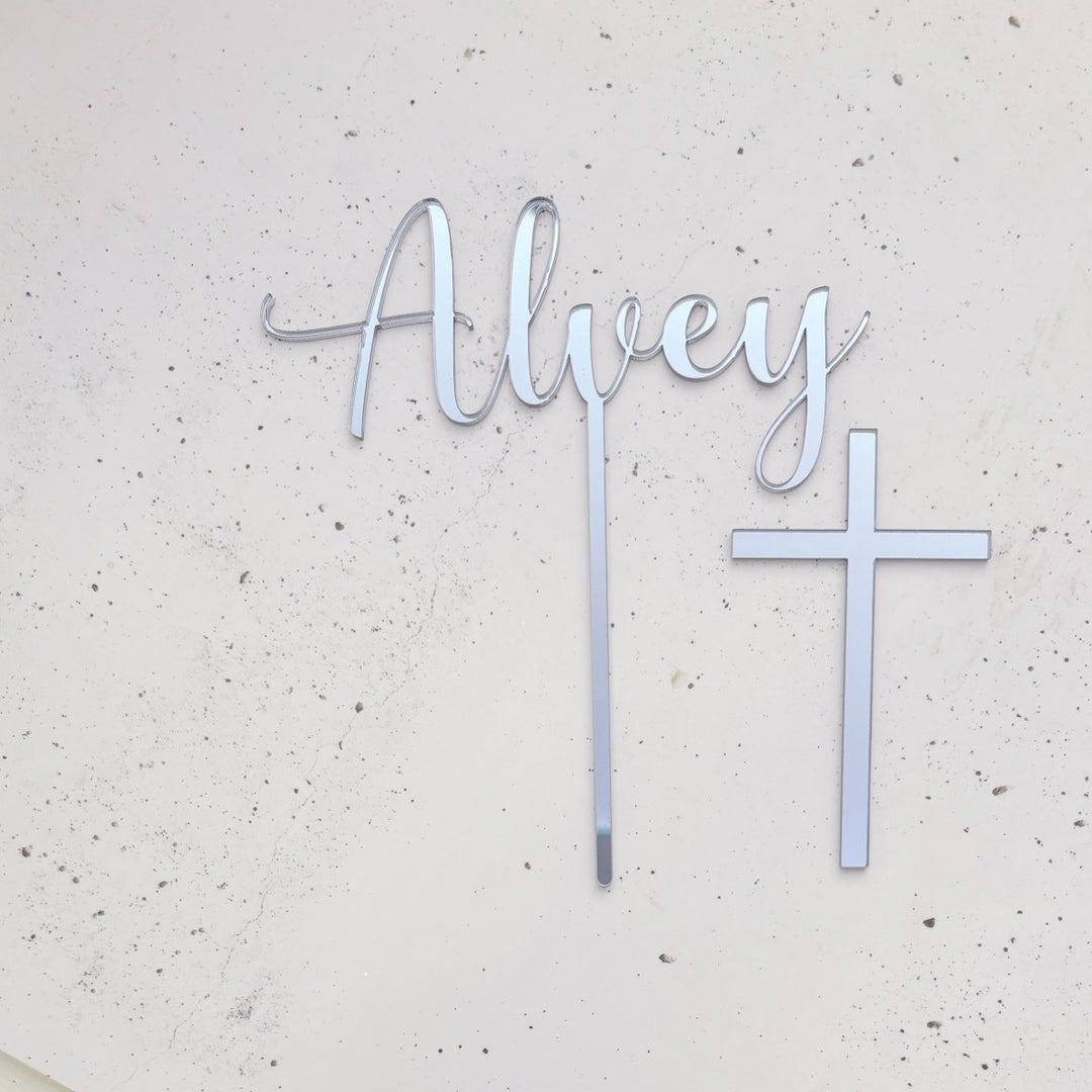 Christening Cake Topper - Name with separate Cross Cake Charm