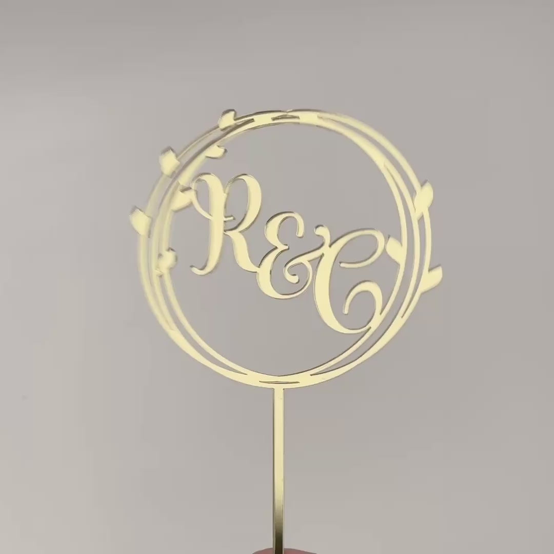 Wedding Cake Topper in Circle Leaf Design with Initials