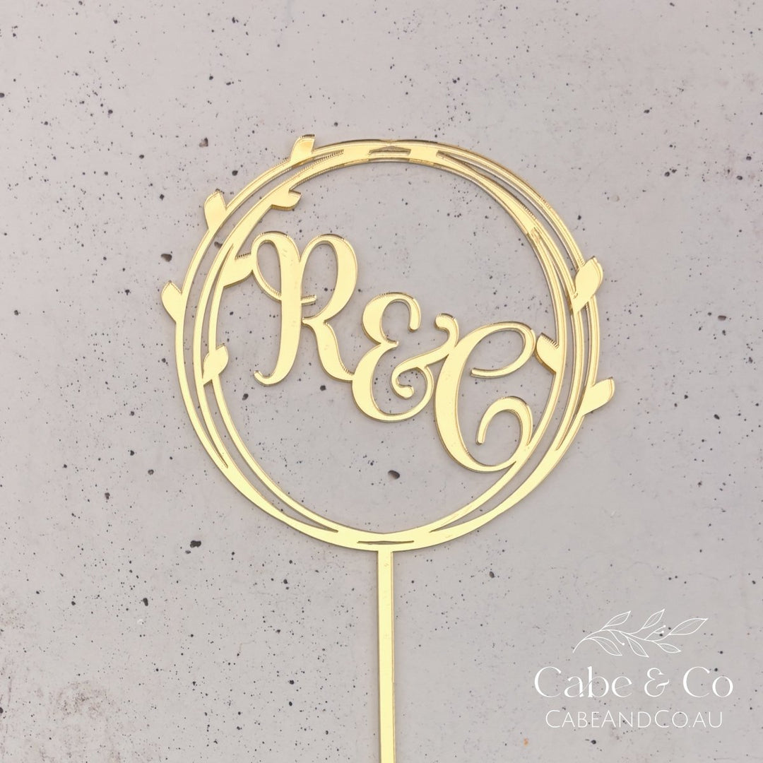 Wedding Cake Topper in Circle Leaf Design with Initials