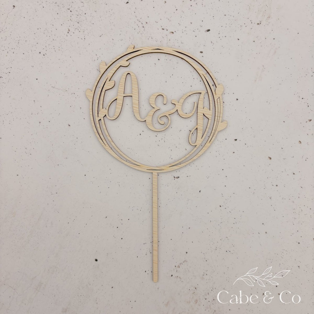 Wedding Cake Topper in Circle Leaf Design with Initials
