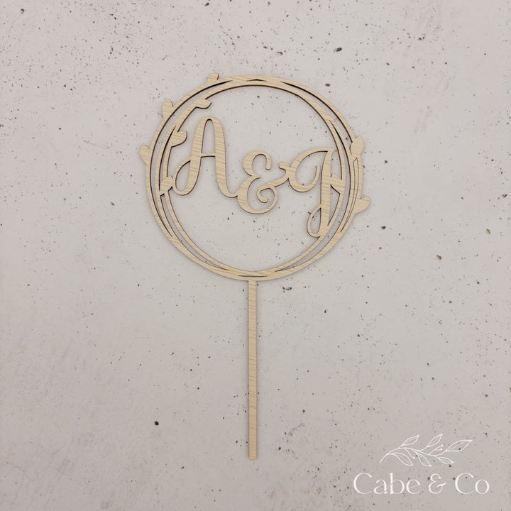 Wedding Cake Topper in Circle Leaf Design with Initials