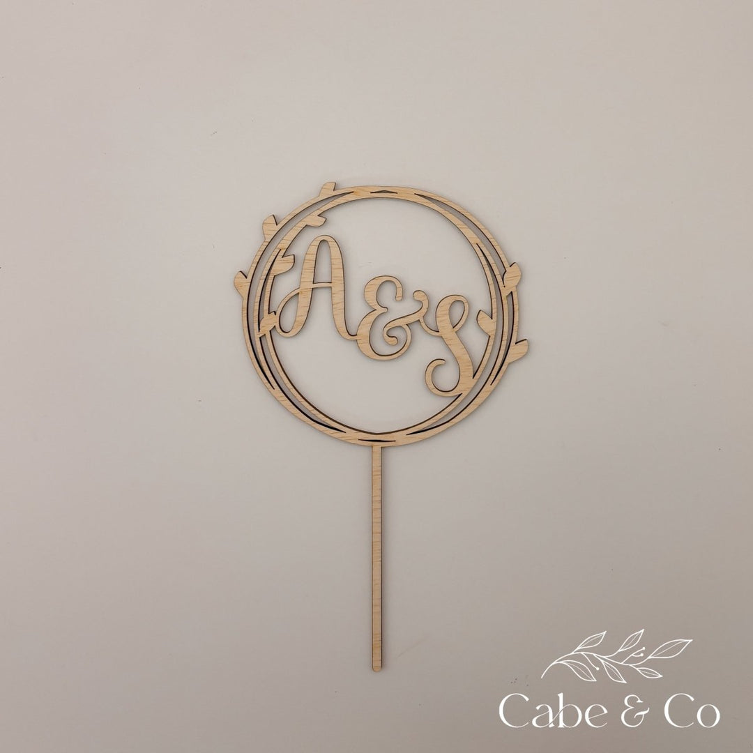 Wedding Cake Topper in Circle Leaf Design with Initials