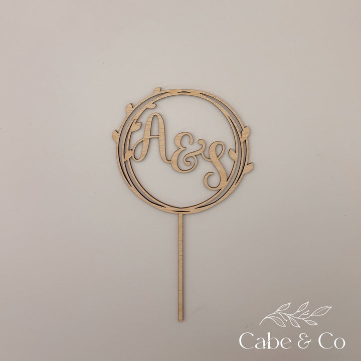 Wedding Cake Topper in Circle Leaf Design with Initials