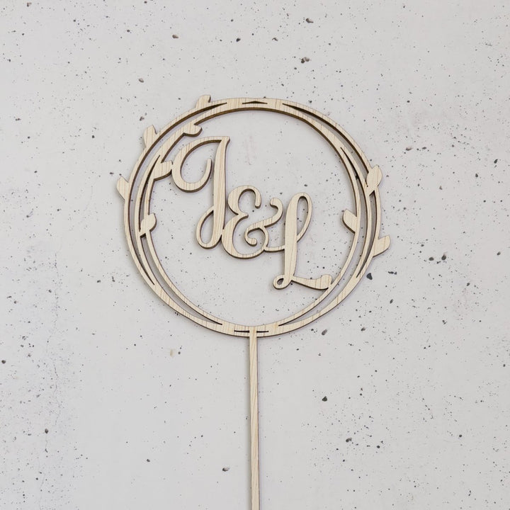 Wedding Cake Topper in Circle Leaf Design with Initials