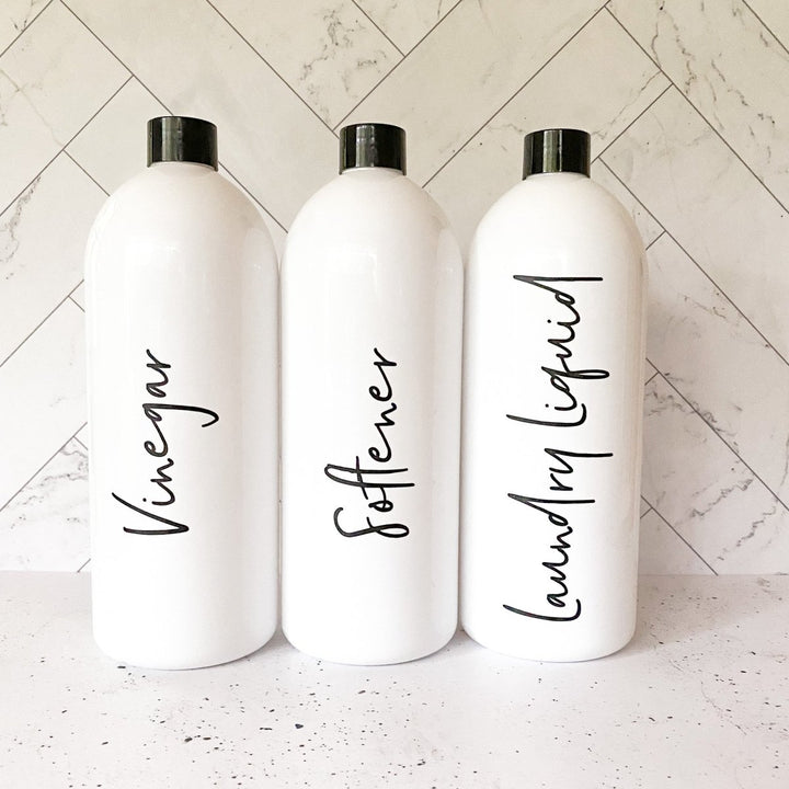 Laundry Room Decor for all your home organisation goals.  Available 1000ml bottles in black amber or white colour