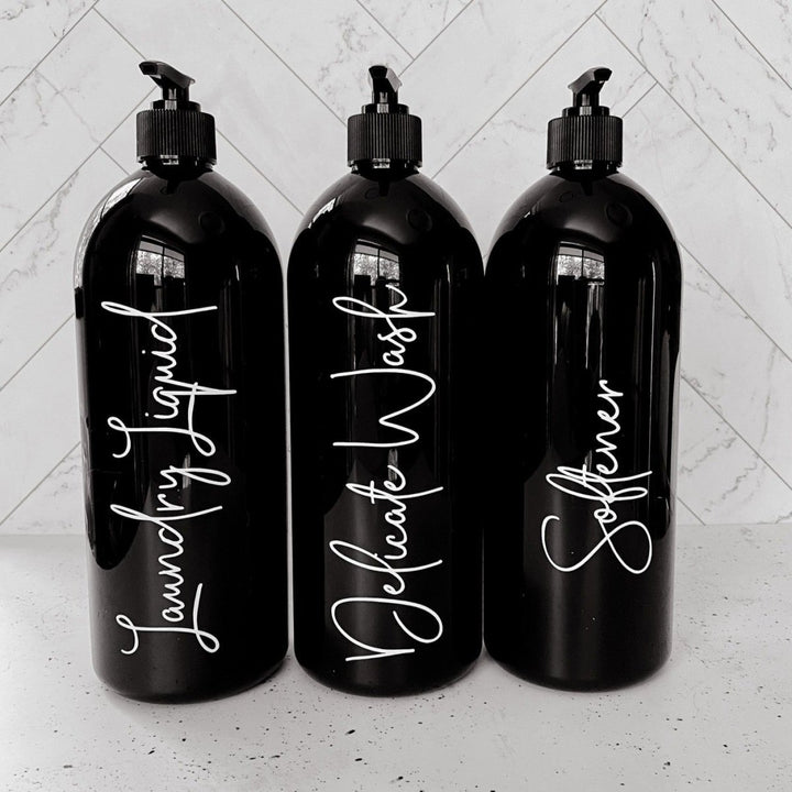 Laundry Room bottles for your Liquid, Detergent & Softener - Black, white or Amber coloured plastic bottles