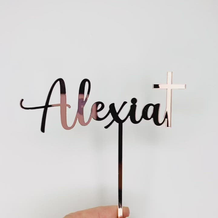 Personalised Baptism Cake Topper with name and cross, in rose gold acrylic.