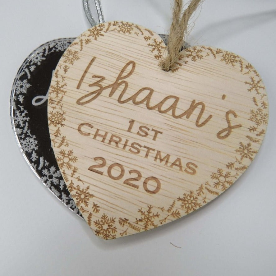 First Christmas tree ornament for newborn baby in acylic or wood.  Christmas Bauble