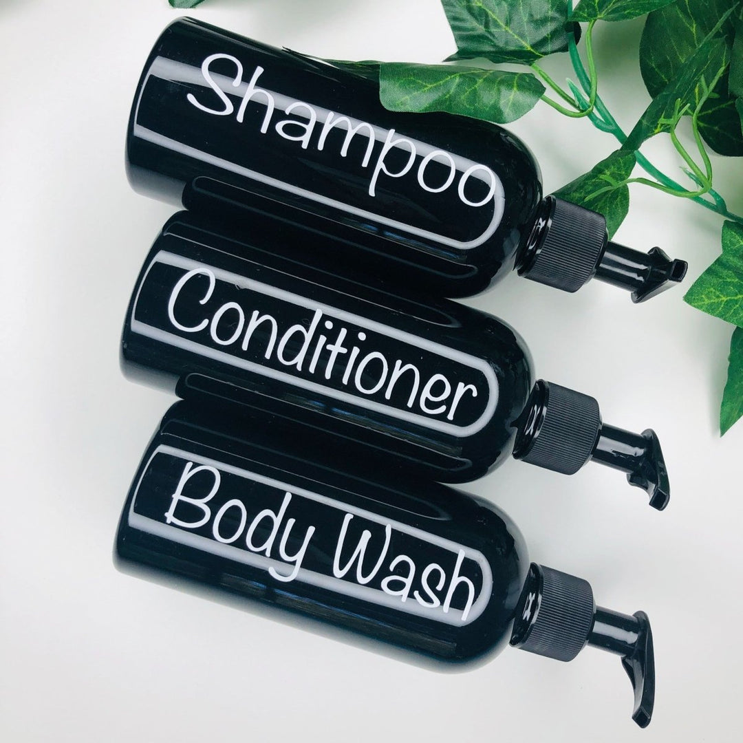 Large Black refillable pump bottles for shower gel