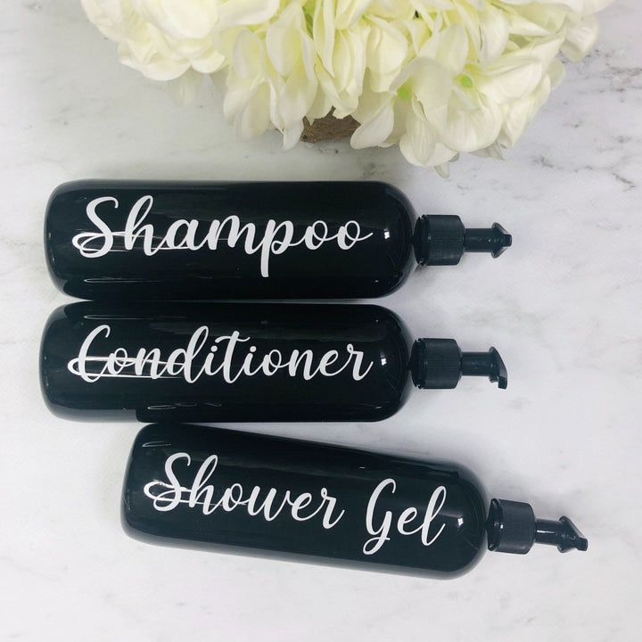 Black Bathroom Pump Bottles with personalised labels for shampoo, conditioner and body wash