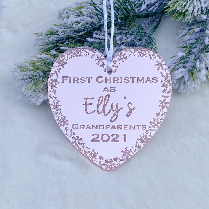 First Christmas Keepsake personalised for Grandparents of your new baby.  Engraved on mirror acrylic in gold, silver