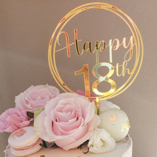 Customisable Circle Happy Birthday Cake Topper  - 18th 21st 30th 40th 50th 60th 70th 80th 90th 100th celebrations