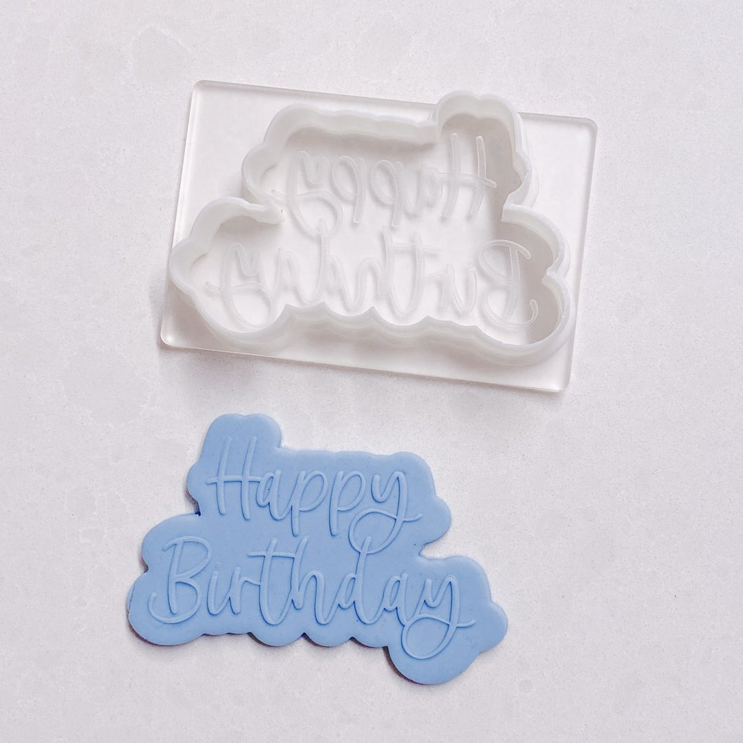 Happy Birthday Script Cookie Cutter & Raised Stamp