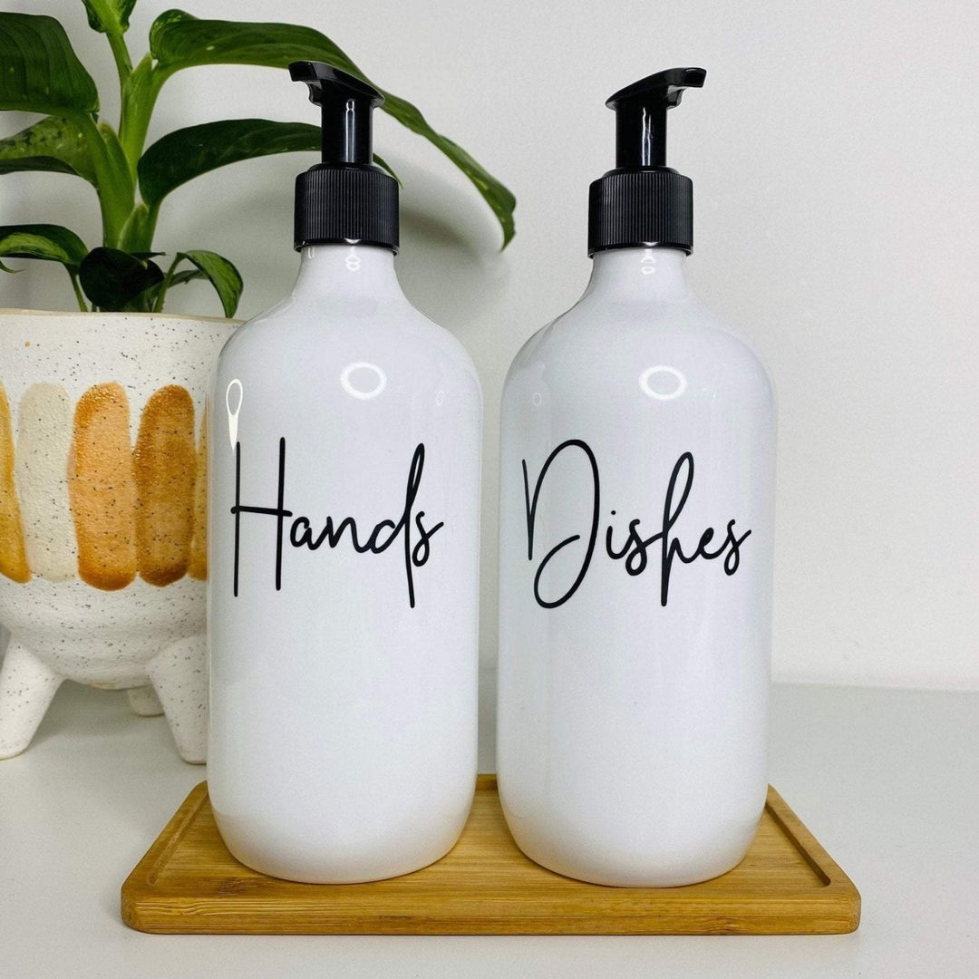 Kitchen Soap Dispenser Bottles, with Bamboo Tray - HandyLittleLabels - Bamboo Tray - Dispenser Bottles - HLL Font Style