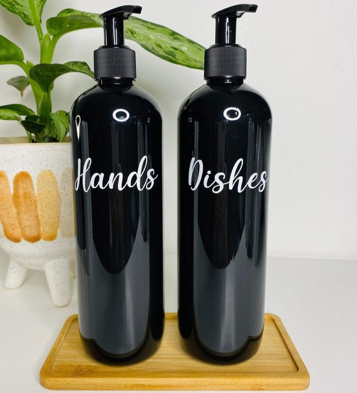 Kitchen Soap Dispenser Bottles, with Bamboo Tray - HandyLittleLabels - Bamboo Tray - Dispenser Bottles - HLL Font Style