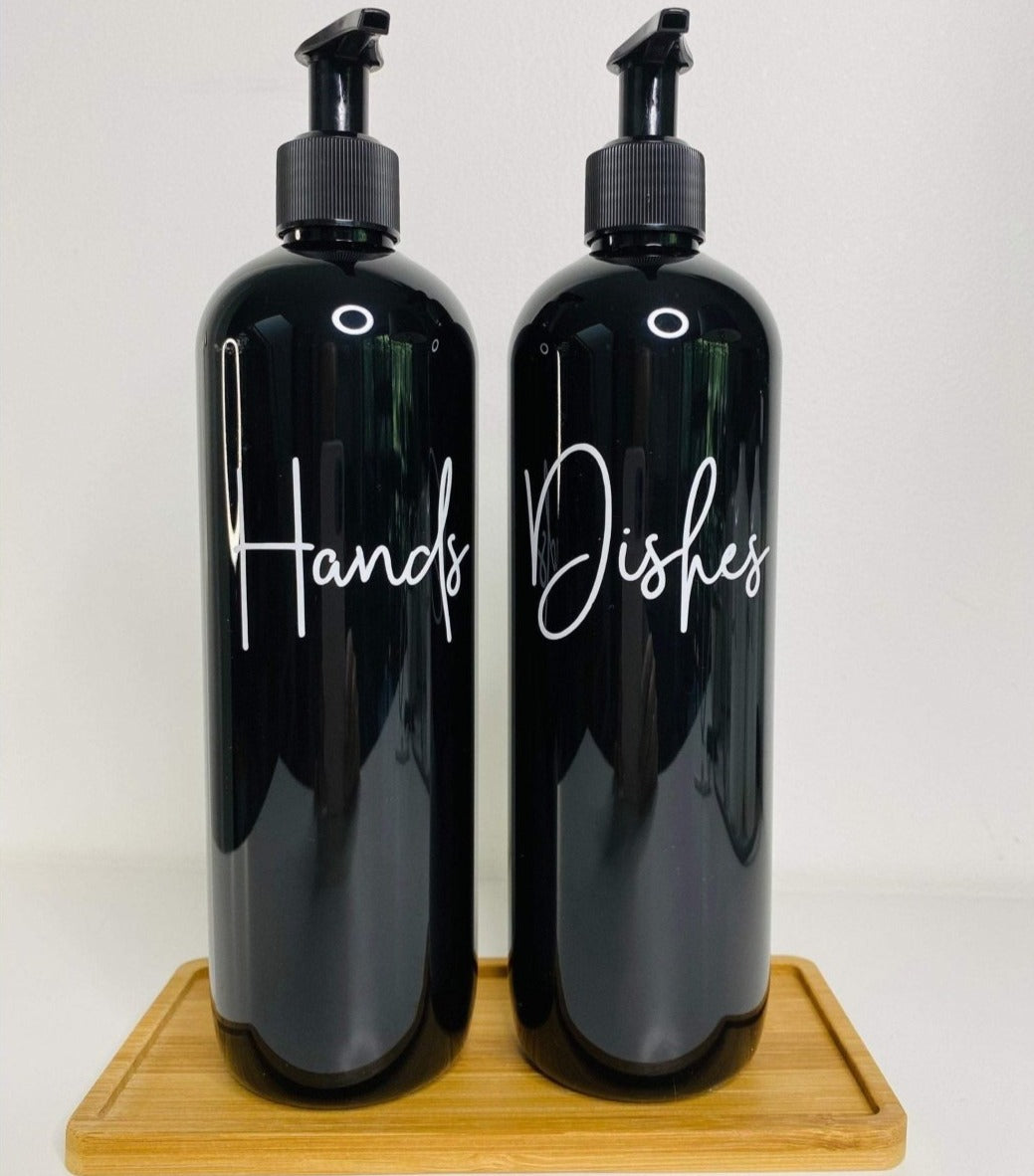 Kitchen Soap Dispenser Bottles, with Bamboo Tray - HandyLittleLabels - Bamboo Tray - Dispenser Bottles - HLL Font Style