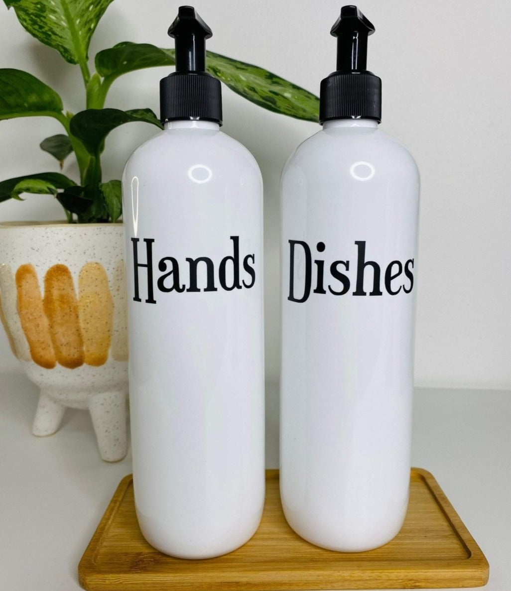 Kitchen Soap Dispenser Bottles, with Bamboo Tray - HandyLittleLabels - Bamboo Tray - Dispenser Bottles - HLL Font Style