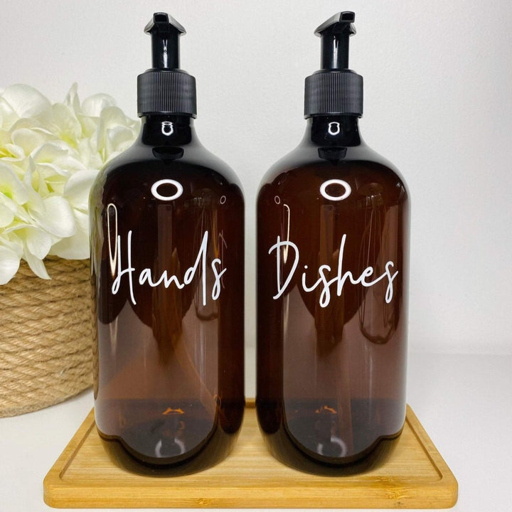 Kitchen Soap Dispenser Bottles, with Bamboo Tray - HandyLittleLabels - Bamboo Tray - Dispenser Bottles - HLL Font Style