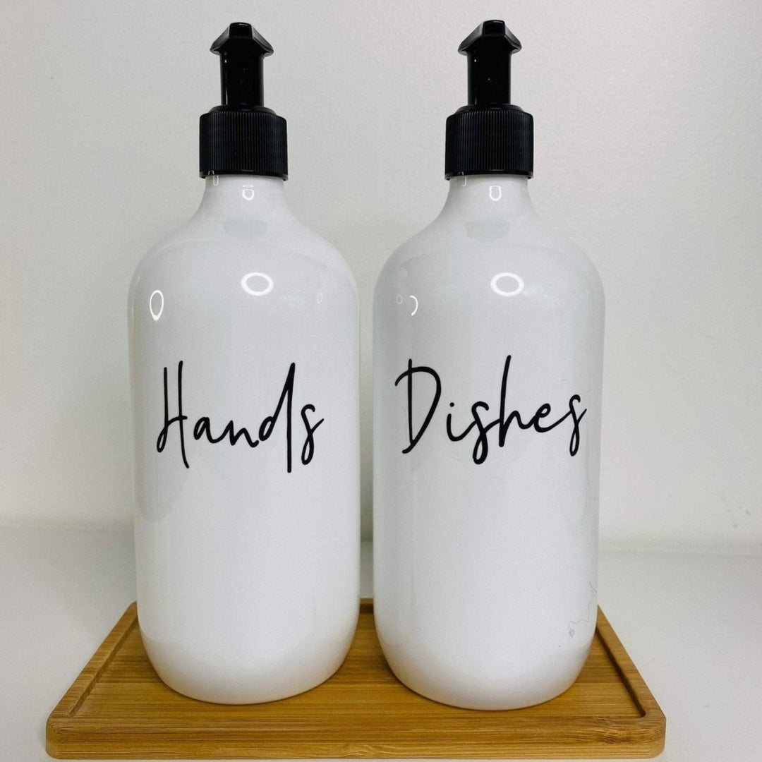 Kitchen Soap Dispenser Bottles, with Bamboo Tray - HandyLittleLabels - Bamboo Tray - Dispenser Bottles - HLL Font Style