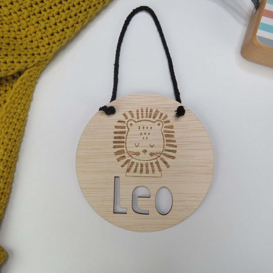 Lion Design Personalised Wood Name Plaque in Scandi Style