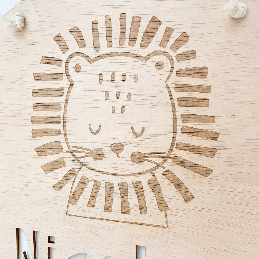 Lion Design Personalised Wood Name Plaque in Scandi Style