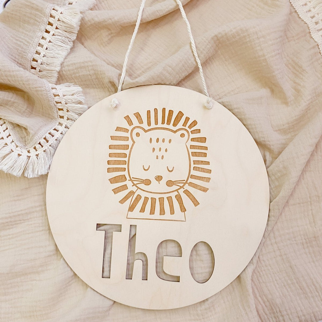 Lion Design Personalised Wood Name Plaque in Scandi Style