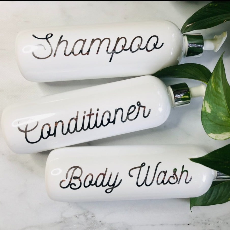 shampoo and conditioner dispenser bottles with pump.