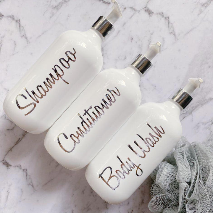 Chrome shower bottles with custom labels Australia.  Refillable pump bottles for lotion