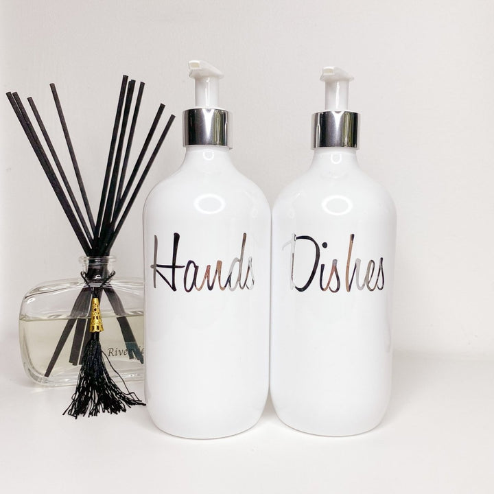 White Pump Bottles for Kitchen, wording Hands & Dishes in silver accented bottles