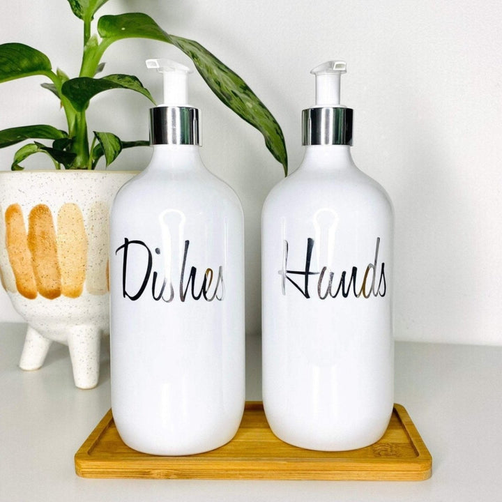 Metallic Kitchen Soap Dispenser Bottles, with Bamboo Tray