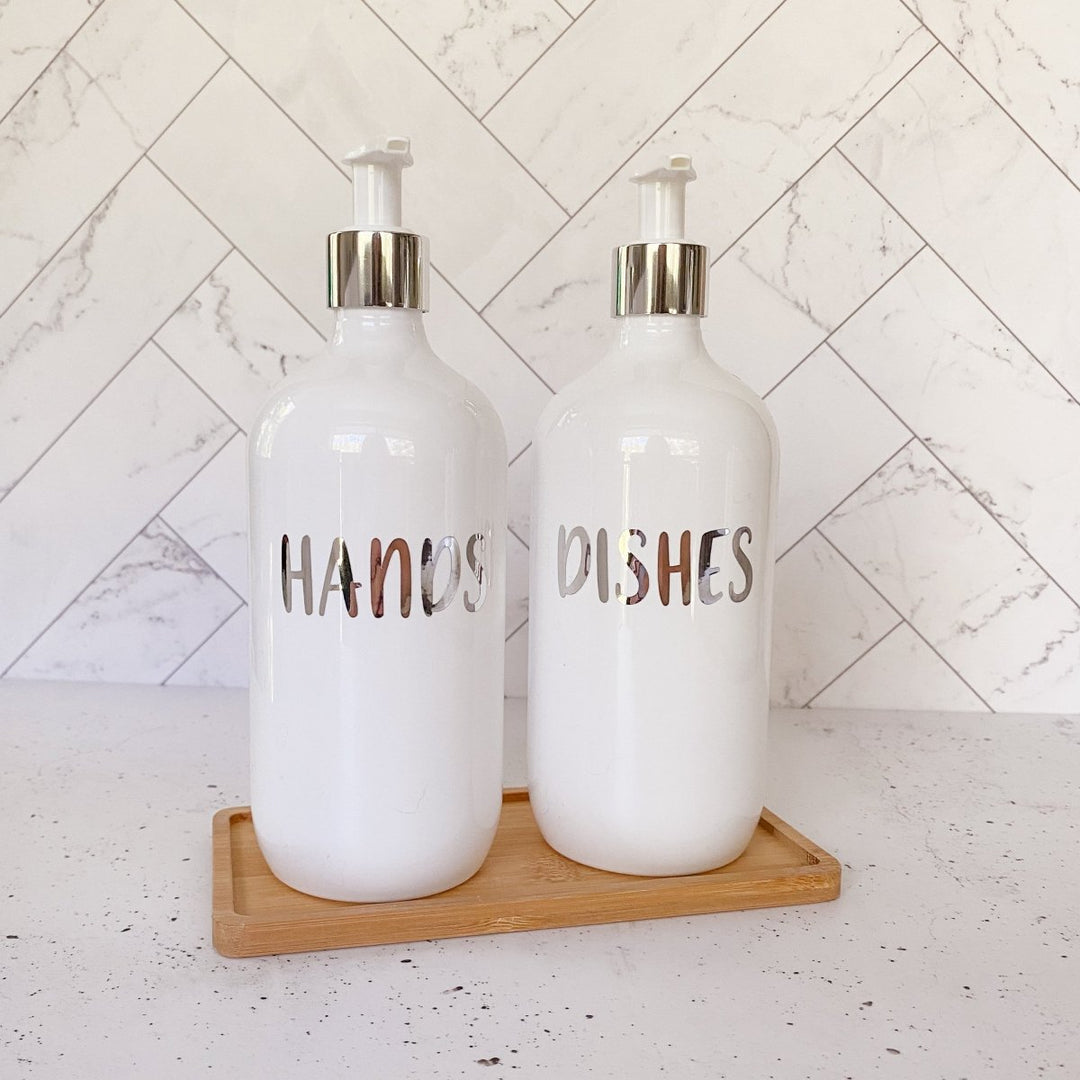 Metallic Kitchen Soap Dispenser Bottles, with Bamboo Tray