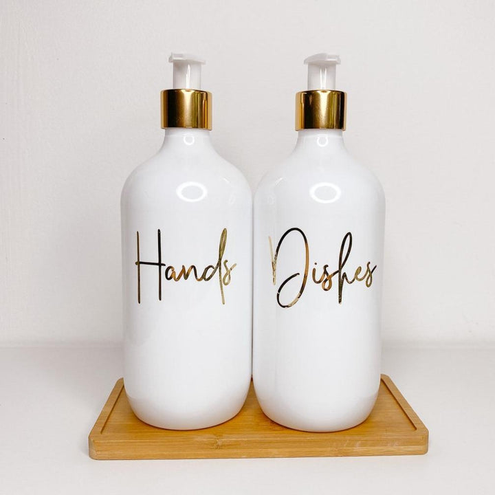 Metallic Kitchen Soap Dispenser Bottles, with Bamboo Tray