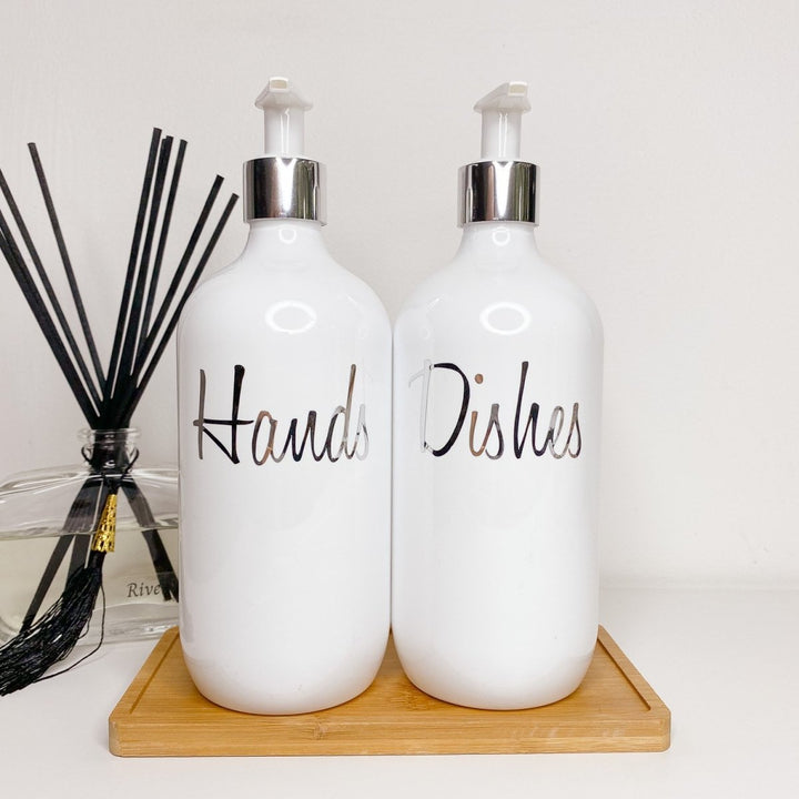 Metallic Kitchen Soap Dispenser Bottles, with Bamboo Tray