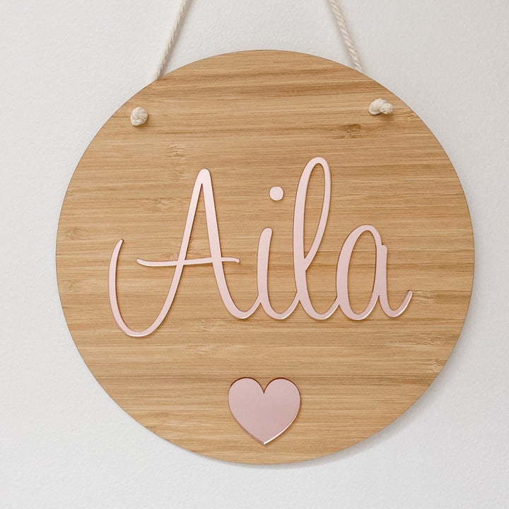 Bamboo Name Plaque with heart detail in Rose Gold Mirror Acrylic